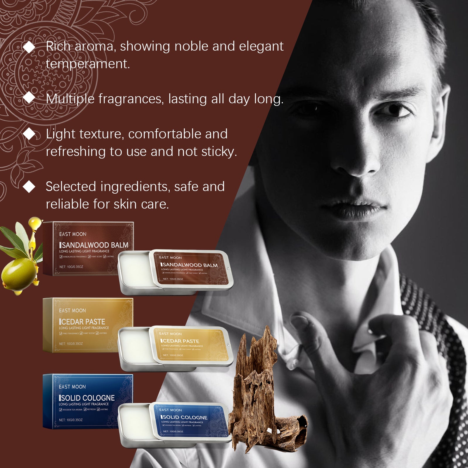 East Moon Men's Solid Balm (Cologne) Portable Solid Balm, Carry It Around For A Long Time, Refreshing And Non-Greasy Scent