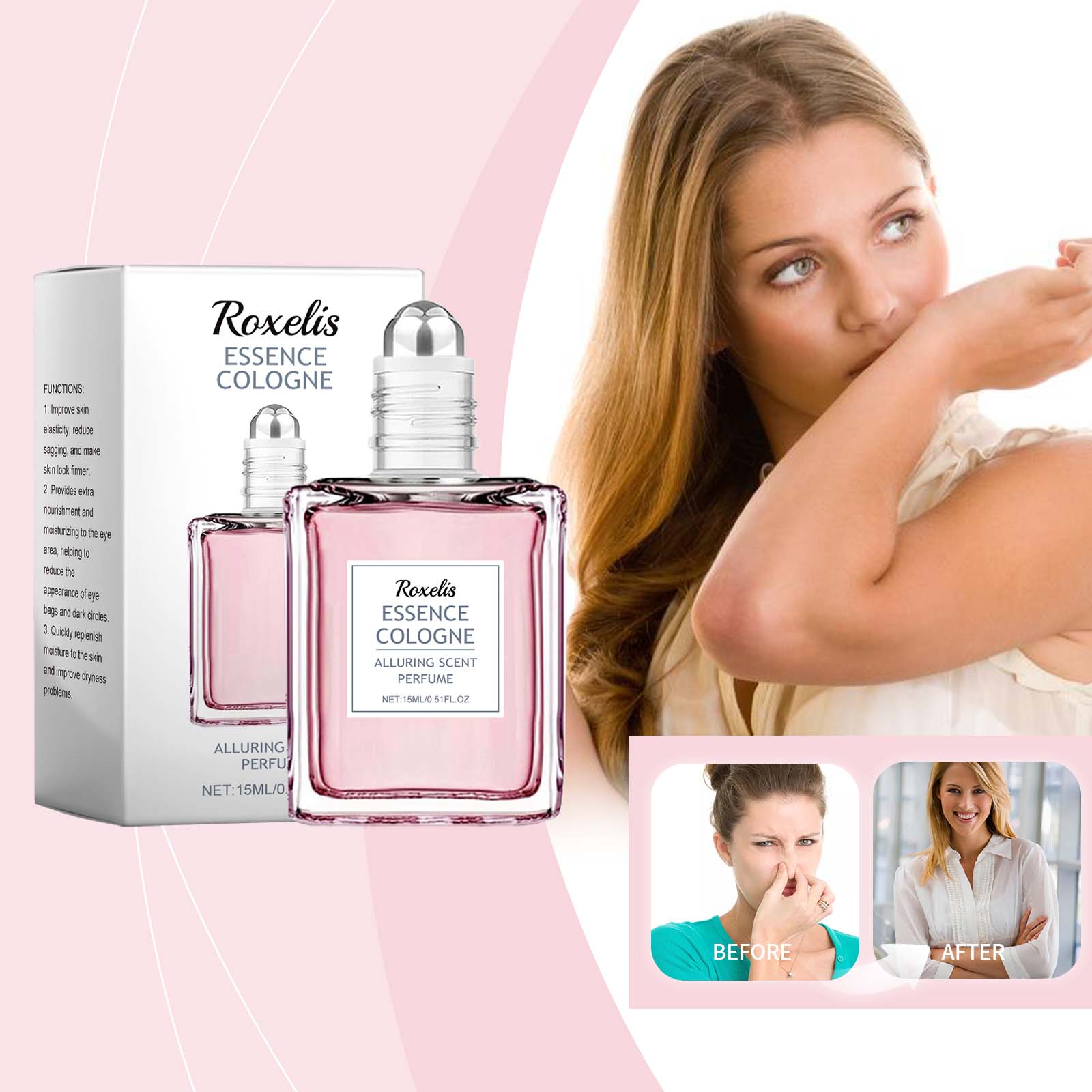 Roxelis Pink Rose Fragrance Essential Oil, Mild Natural Fresh Fragrance Fragrance Portable Women's Eau De Toilette