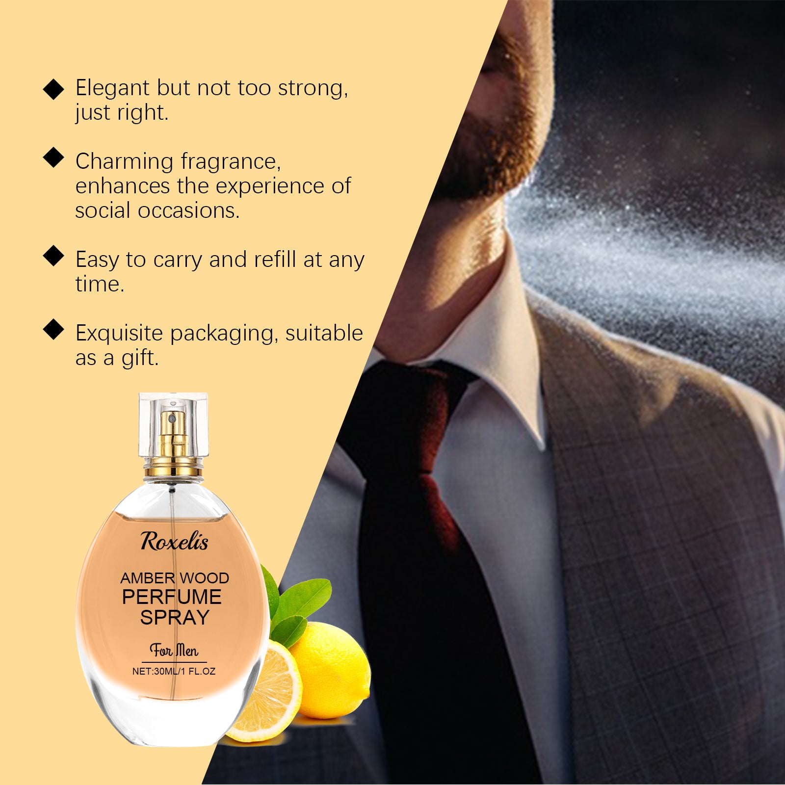 Roxelis Amber Wood Perfume Spray Fresh Scent Exudes Charm Amber Natural Light Long-Lasting Portable Perfume