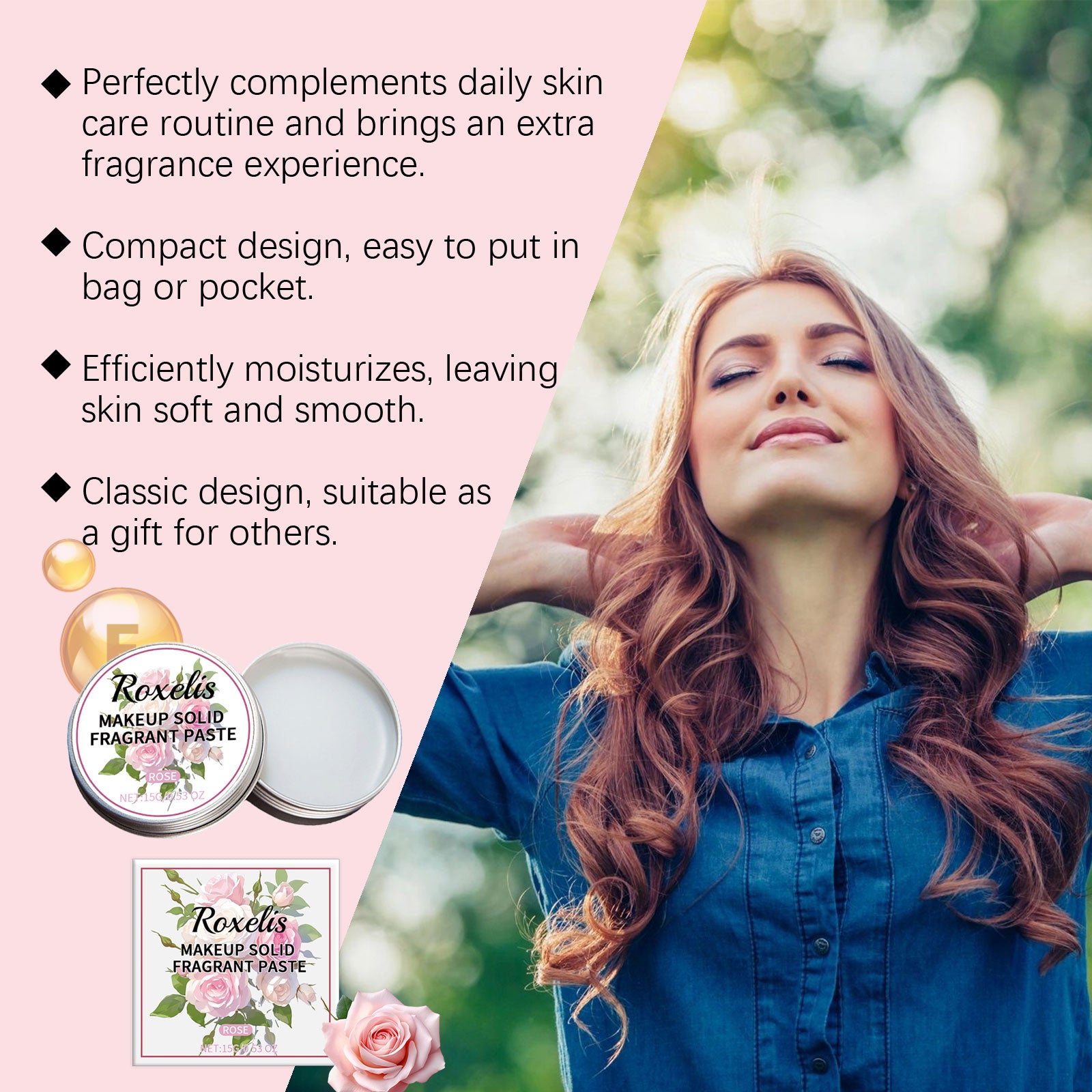 Roxelis Solid Rose Balm Fresh, Light Scent, Lasting Lasting Everyday Date Charming Charm Portable Solid Balm