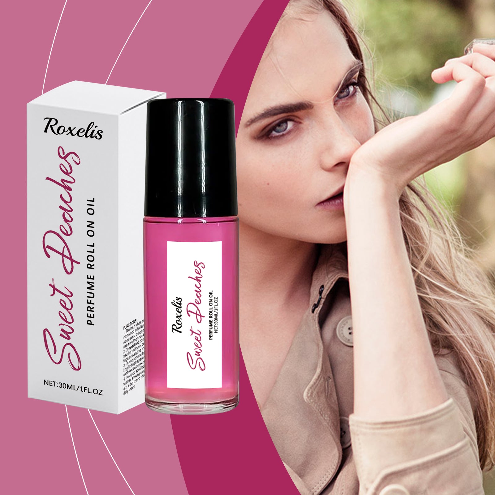Roxelis Peach Pink Ball Perfume, Small Fresh Roller Perfume Fresh Light Fruit Peach Ball Perfume