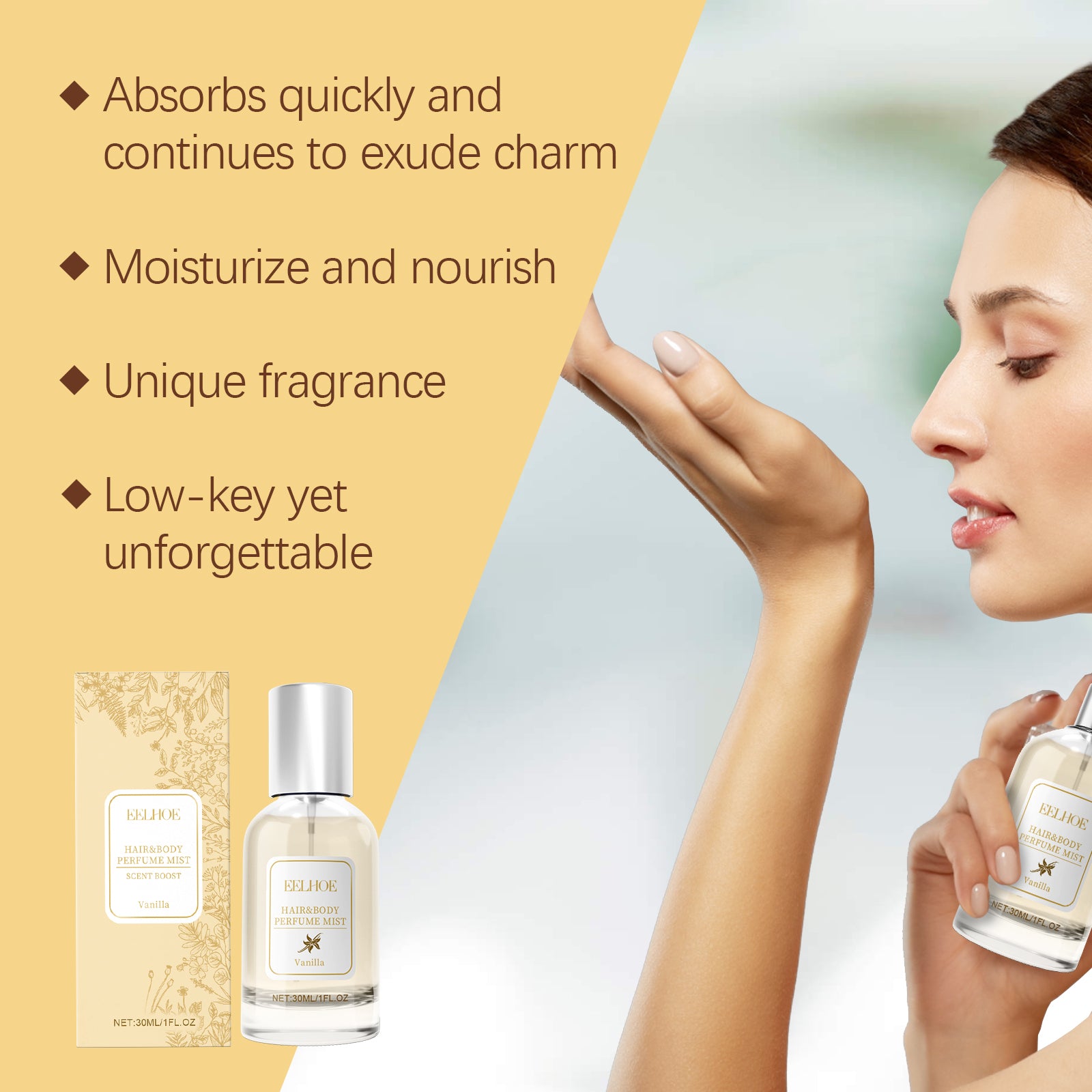 EELHOE Vanilla Body Hair Perfume Spray Long-Lasting Light Fragrance Fresh Floral Fragrance Ladies Niche Perfume Spray